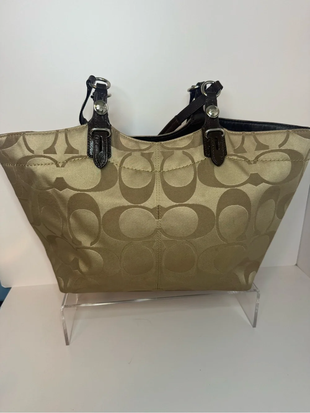 #342 Coach Signature Khaki Canvas Jacquard & Leather Tote Bag